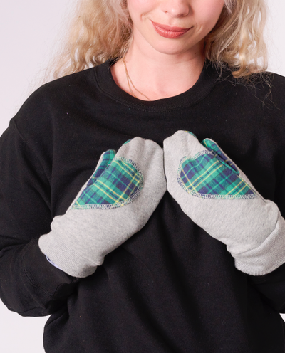 Ariel Mitts in black with Upcycled Flannel