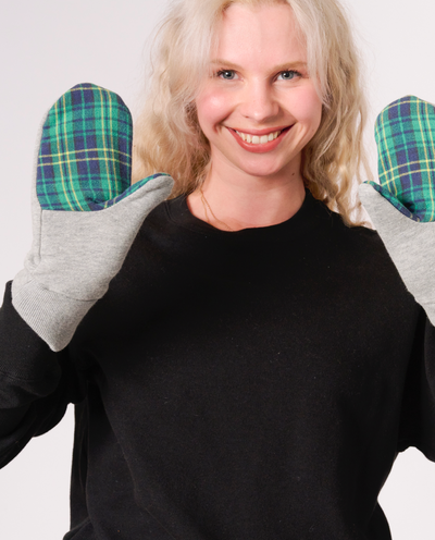 Ariel Mitts in black with Upcycled Flannel